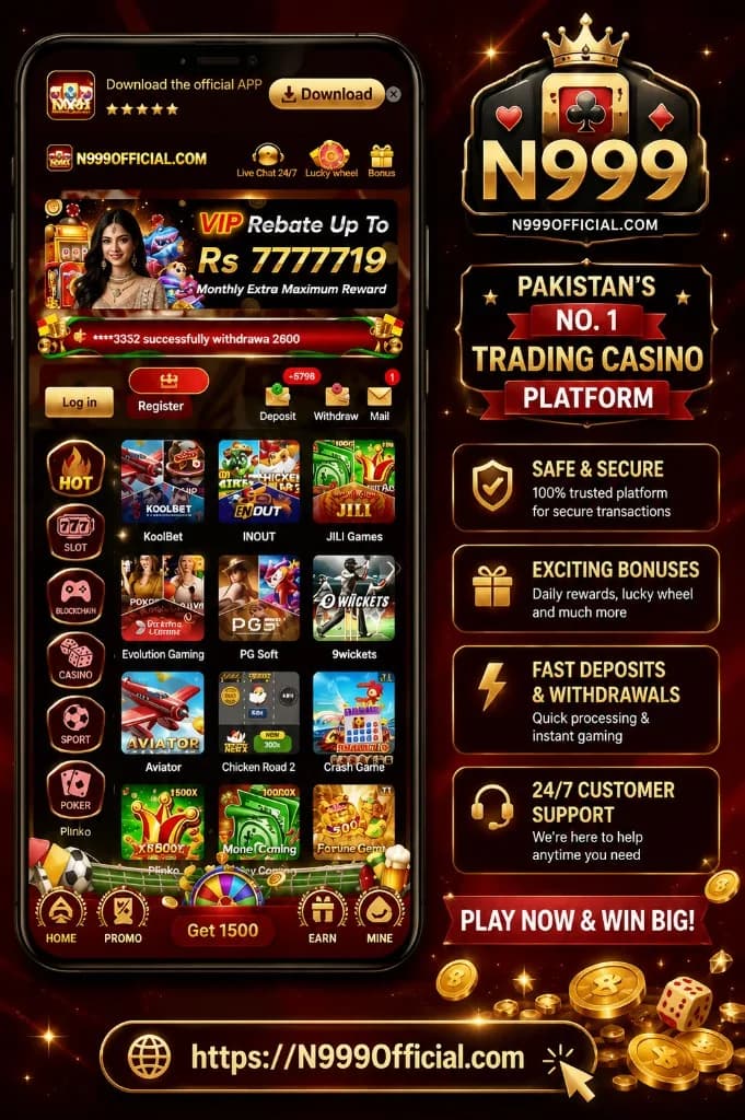 N999 Official mobile application homepage showing games and VIP rewards at N999Official.com