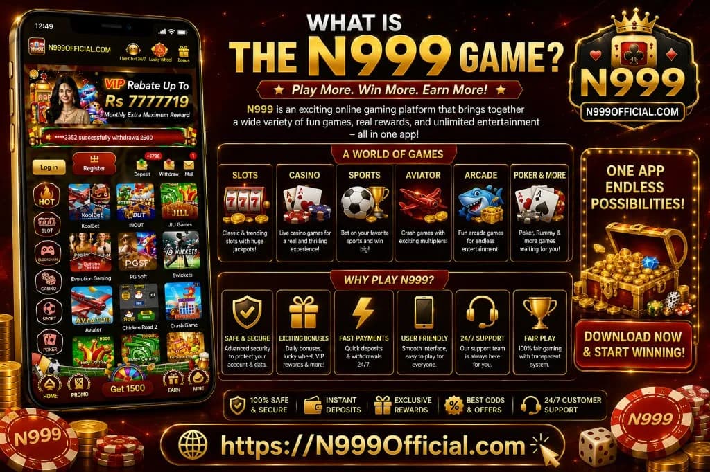 N999 Official platform overview with mobile app interface and game categories